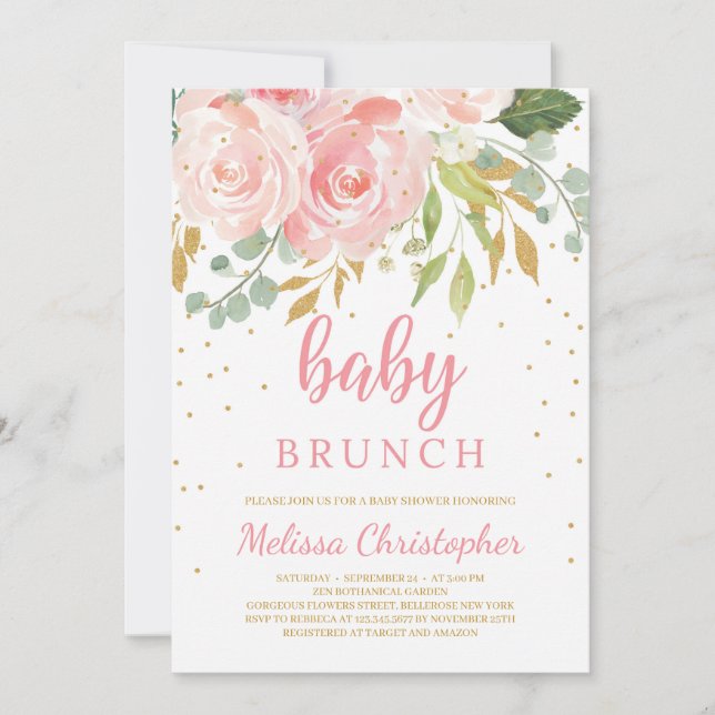 Blush pink floral and gold boho baby brunch invitation (Front)