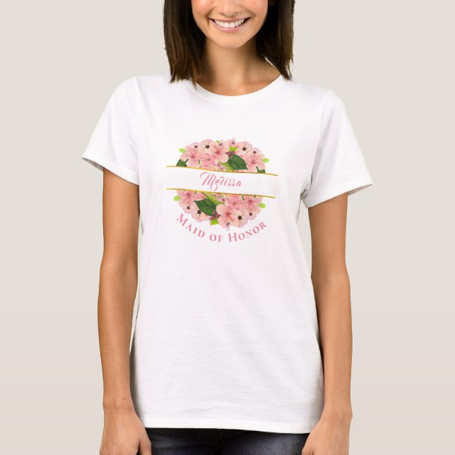 Blush Pink Floral and Gold Maid of Honour T-Shirt (Front)