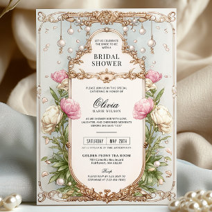 Blush Pink Floral and Greenery Pearl Bridal Shower Invitation