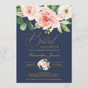 Blush pink floral and navy boho bridal shower invitation