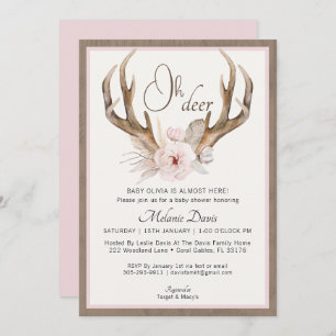 Blush Pink Floral Antler Rustic Baby Shower Invitation