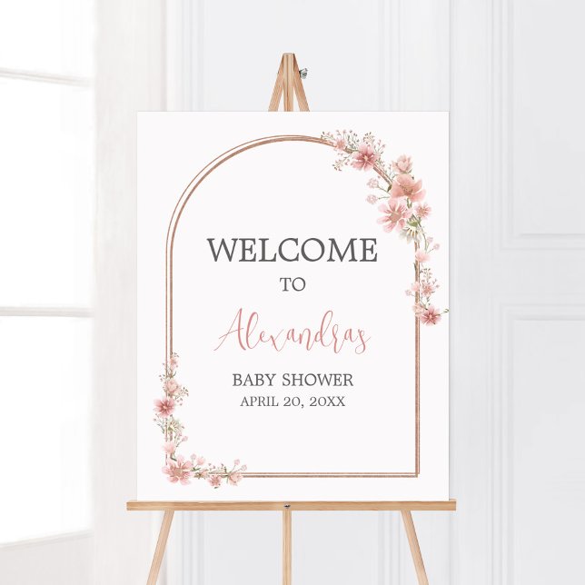 Blush Pink Floral Arch Baby Shower Welcome Poster (Pink Flowers Arch Baby Shower Welcome Sign)