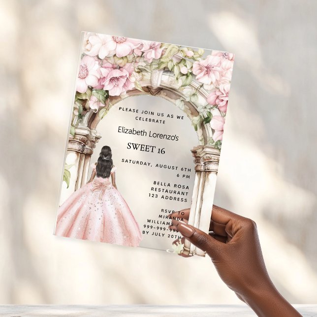 Blush Pink Floral Arch Dress Sweet 16 Acrylic Invitations (Creator Uploaded)