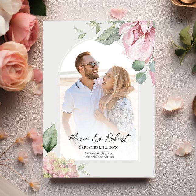 Blush Pink Floral Arch Wedding Elegant Save The Date (Elegant calligraphy script blush pink wedding save the date photo card. )