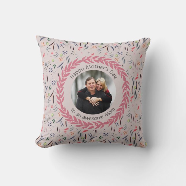 Blush Pink Floral AWESOME MOM PHOTO Mothers Day Cushion (Front)