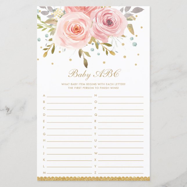Blush Pink Floral Baby ABC Fun Baby Shower Game (Front)