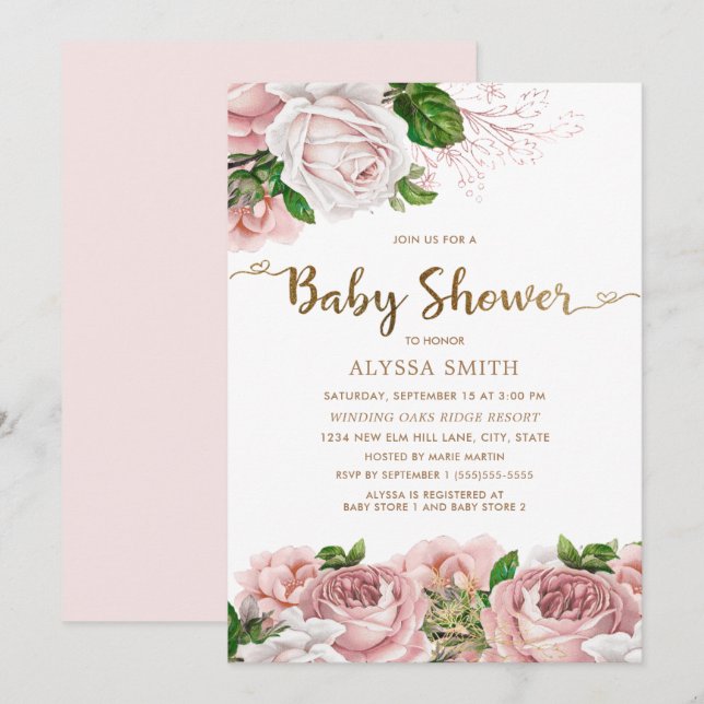 Blush Pink Floral Baby Girl Baby Shower Script Invitation (Front/Back)