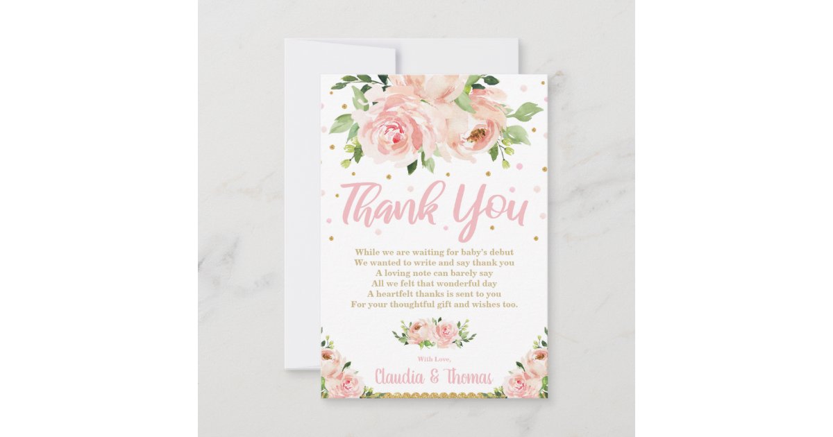 Blush Pink Floral Baby Girl Shower Bridal Wedding Thank You Card | Zazzle