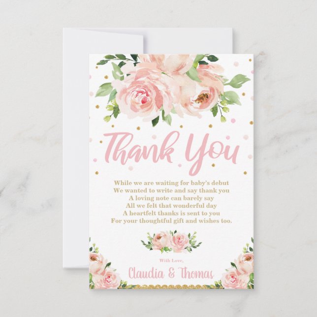 Blush Pink Floral Baby Girl Shower Bridal Wedding Thank You Card (Front)