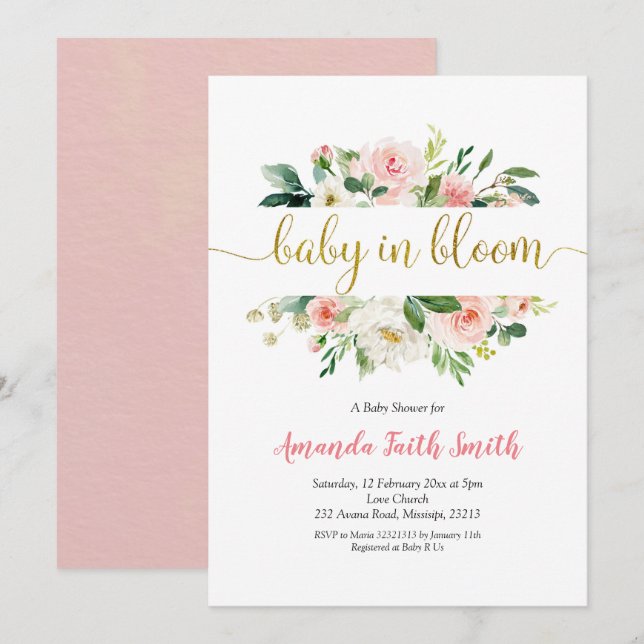 Blush Pink Floral Baby in Bloom Baby Shower Invitation (Front/Back)