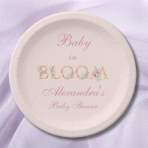 Blush Pink Floral Baby in Bloom Baby Shower Paper Plate
