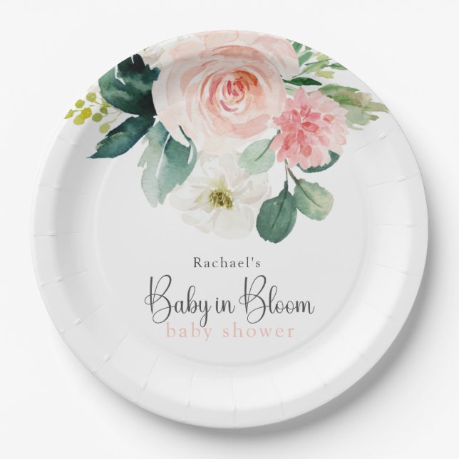 Blush Pink Floral Baby in Bloom Baby Shower Paper Plate (Front)