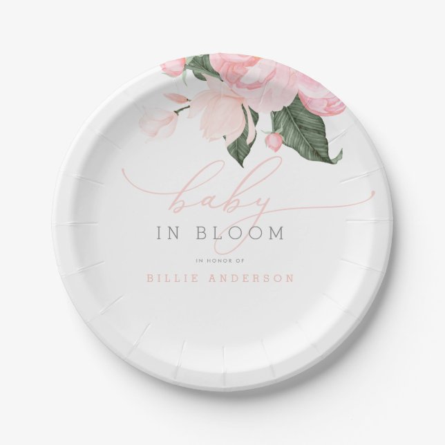 Blush Pink Floral Baby in Bloom Girl's Baby Shower Paper Plate (Front)