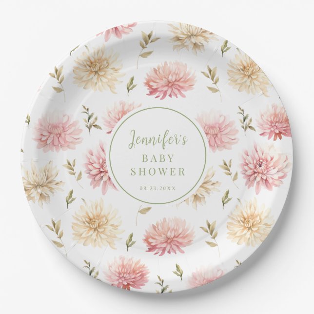 Blush pink floral baby in bloom shower paper plate (Front)