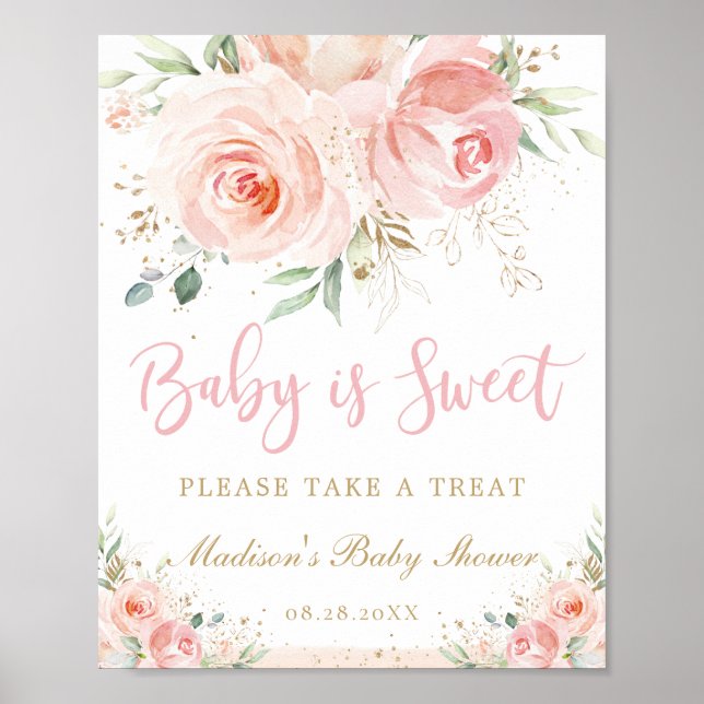 Blush Pink Floral Baby is Sweet Treat Baby Shower Poster (Front)
