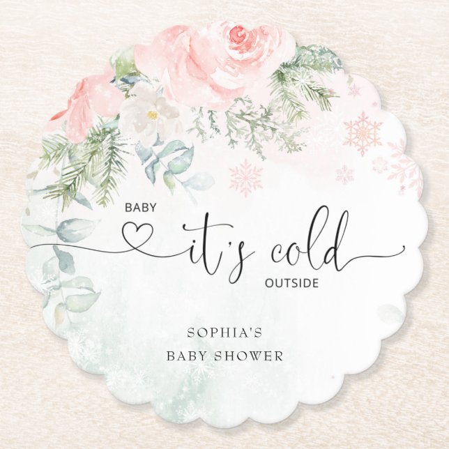 Blush pink floral baby its cold outside paper coaster (Front)