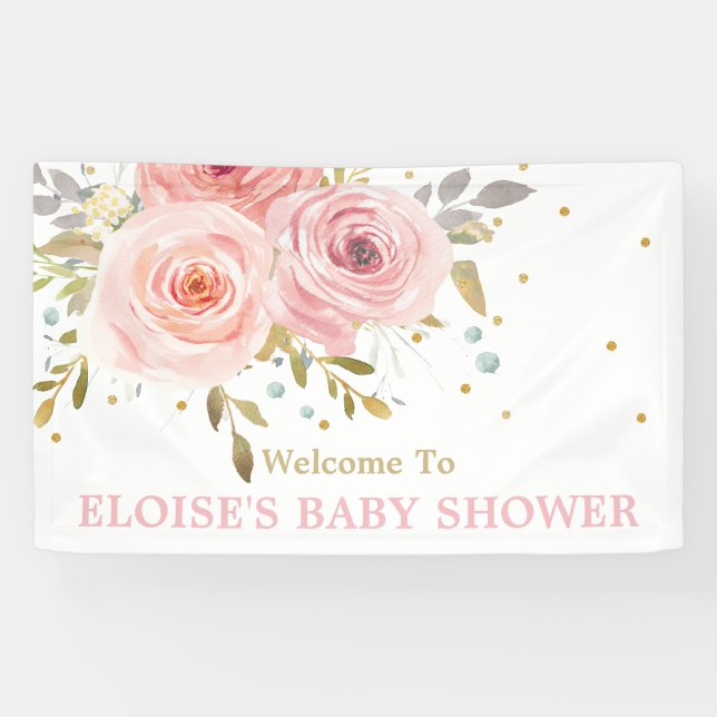 Blush Pink Floral Baby Shower Backdrop Welcome Banner (Horizontal)