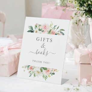 Blush Pink Floral Baby Shower Gifts and Books  Pedestal Sign