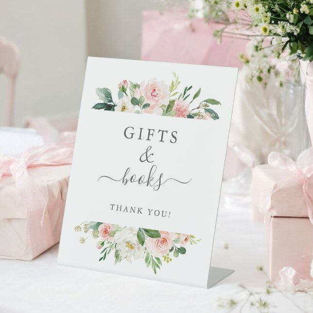 Blush Pink Floral Baby Shower Gifts and Books  Pedestal Sign (Creator Uploaded)