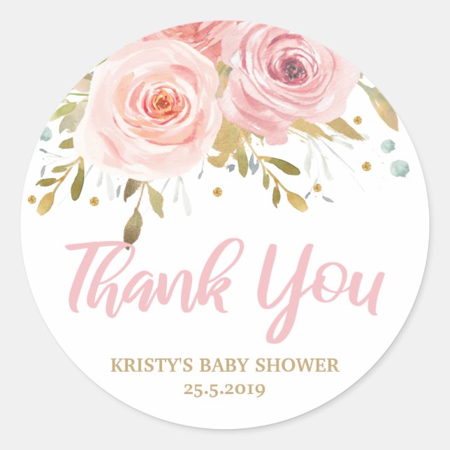 Blush Pink Floral Baby Shower Girl Favour Classic Round Sticker (Front)