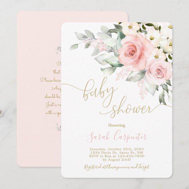 Blush pink floral baby shower girl invitation (Front/Back)