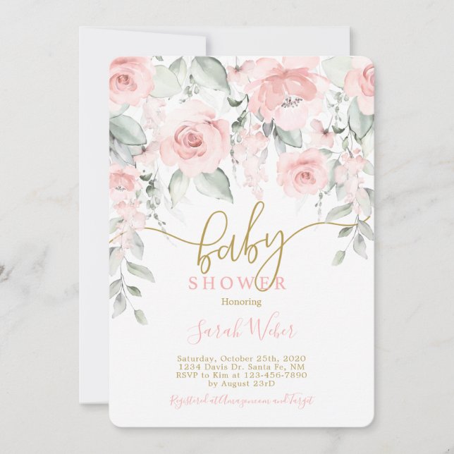 Blush pink floral baby shower girl invitation (Front)