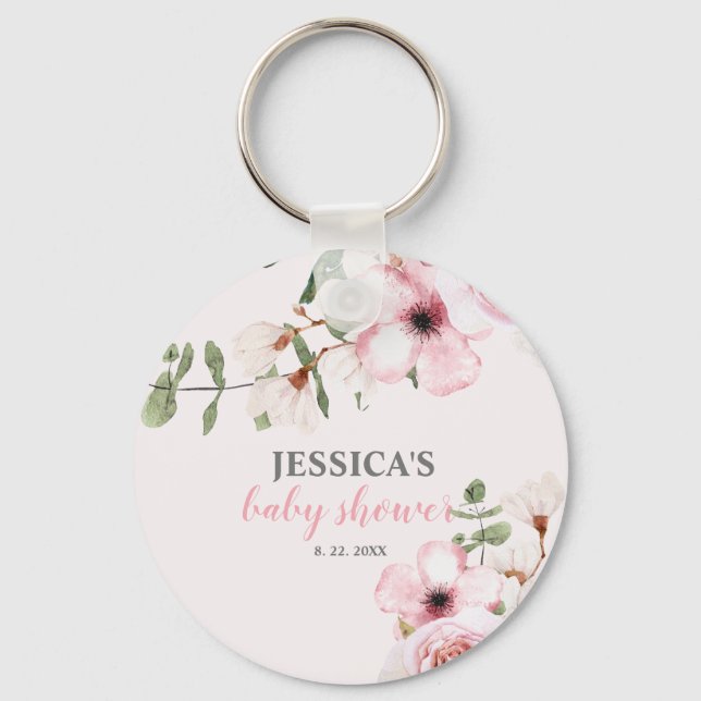 Blush Pink Floral Baby Shower Key Ring (Front)