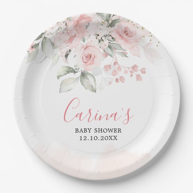 Blush Pink Floral Baby Shower Paper Plate (Front)