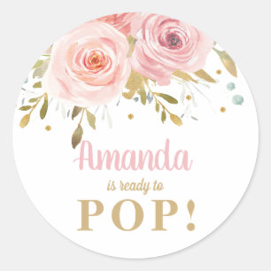 Blush Pink Floral Baby Shower Ready to Pop Favour Classic Round Sticker