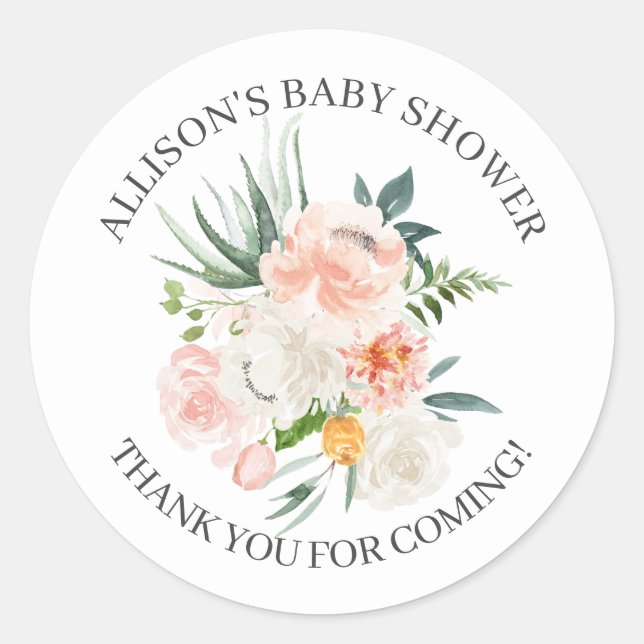 Blush Pink Floral Baby Shower Thank You Shower Classic Round Sticker (Front)