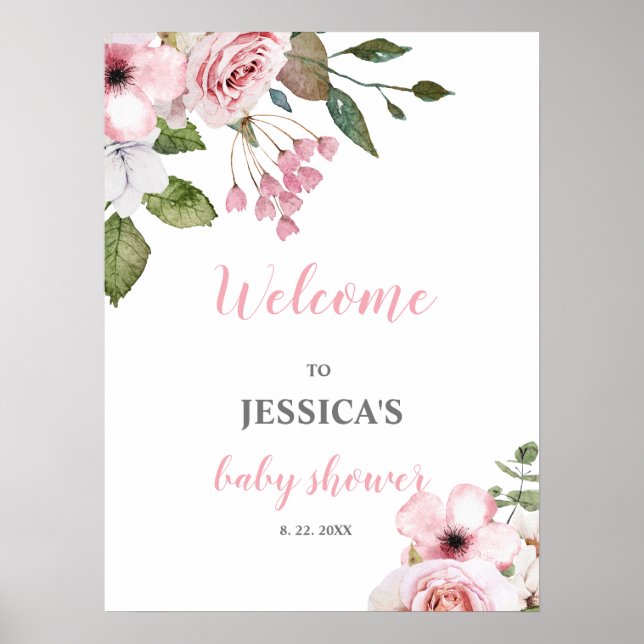 Blush Pink Floral Baby Shower Welcome Sign, Poster (Front)