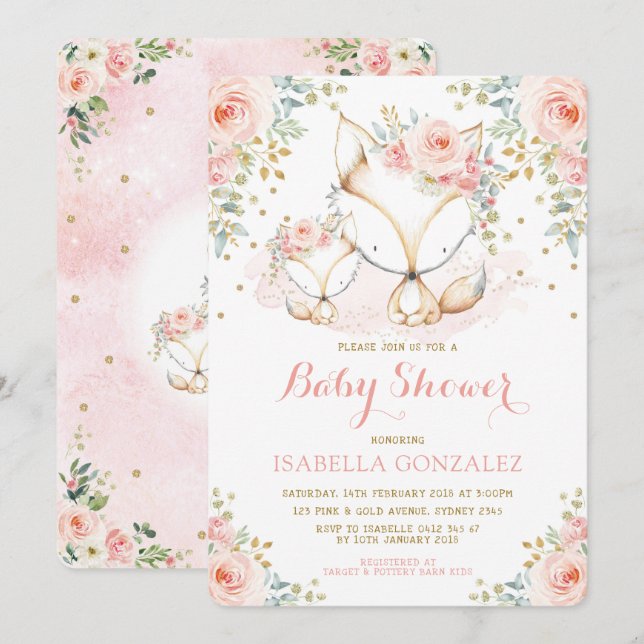 Blush Pink Floral Baby Woodland Fox Girl Shower In Invitation (Front/Back)