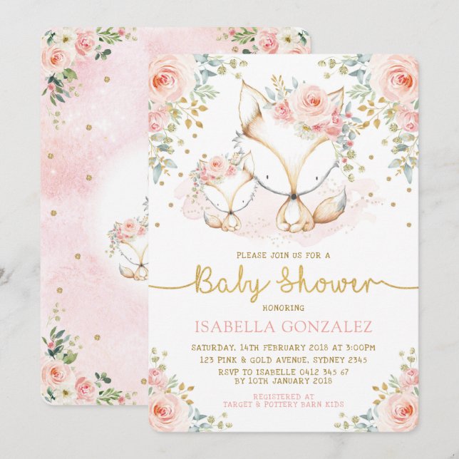 Blush Pink Floral Baby Woodland Fox Girl Shower Invitation (Front/Back)