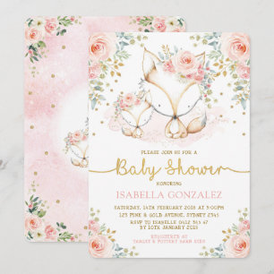 Blush Pink Floral Baby Woodland Fox Girl Shower Invitation