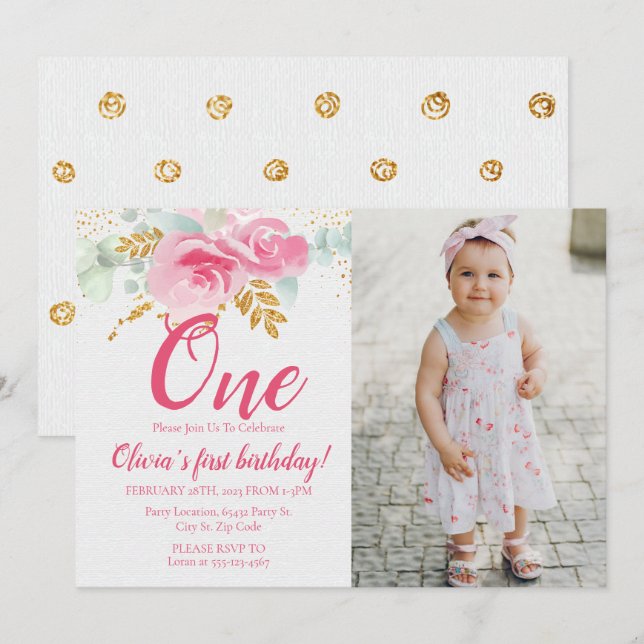 Blush Pink Floral Baby's First Birthday Photo Invitation (Front/Back)