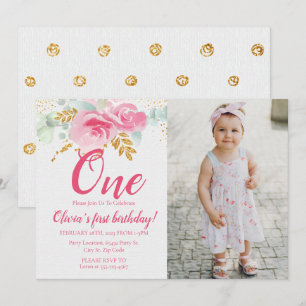 Blush Pink Floral Baby's First Birthday Photo Invitation