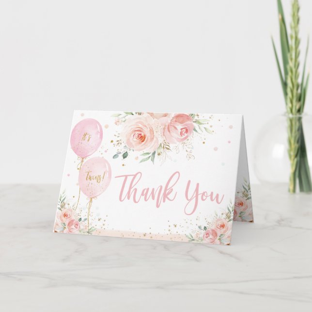 Blush Pink Floral Balloons Gold Twins Baby Shower Thank You Card (Front)