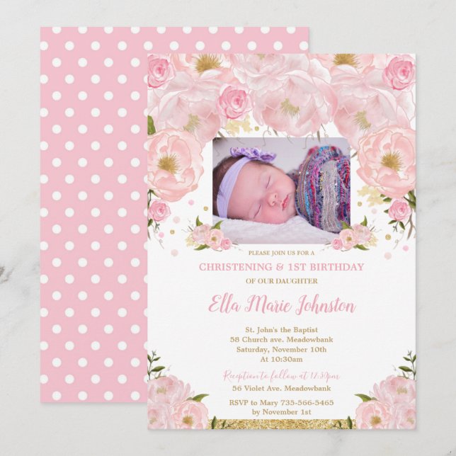 Blush Pink Floral Baptism 1st Birthday Party Photo Invitation (Front/Back)