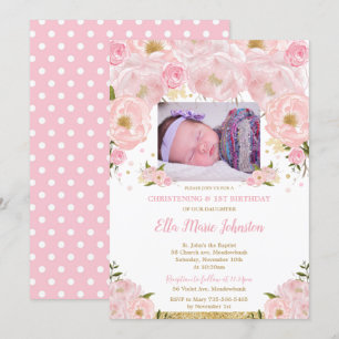 Blush Pink Floral Baptism 1st Birthday Party Photo Invitation