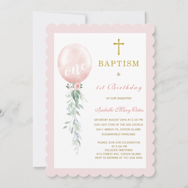  Blush Pink Floral Baptism and  First Birthday  In Invitation (Front)