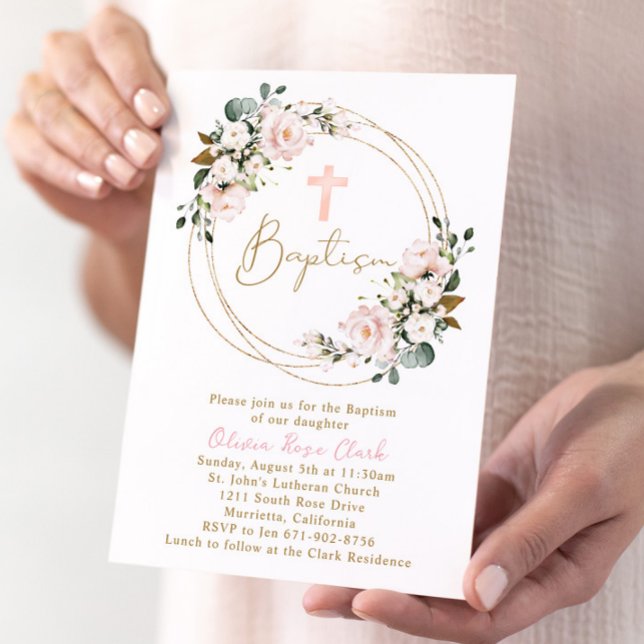 Blush Pink Floral Baptism Gold Frame Invitation (Creator Uploaded)