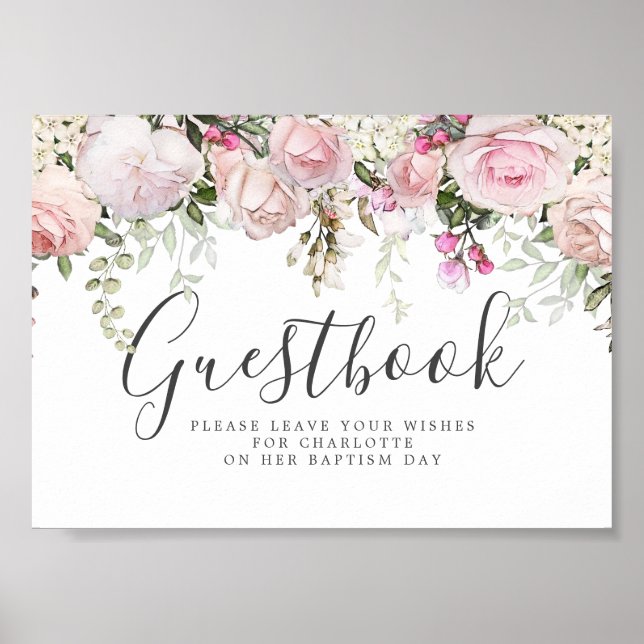 Blush Pink Floral Baptism Guestbook Sign (Front)