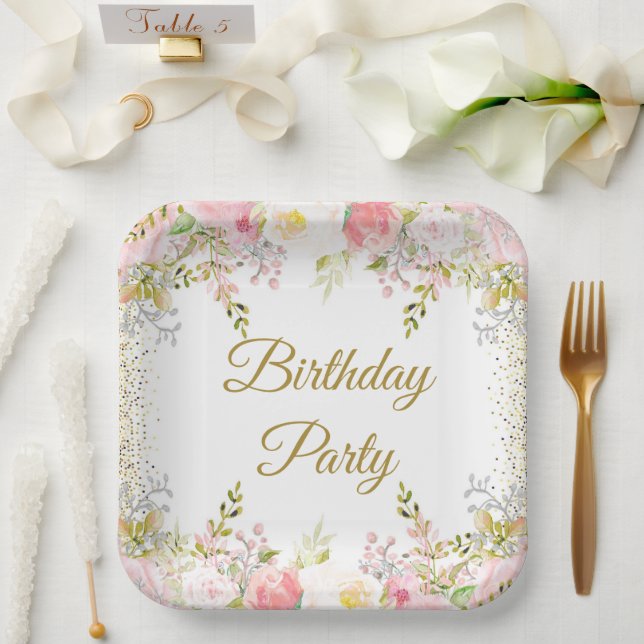 Blush Pink Floral Birthday Party Paper Plate (Wedding)