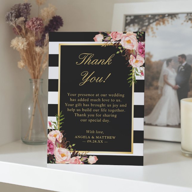 Blush Pink Floral Black White Stripes Wedding Thank You Card (Creator Uploaded)