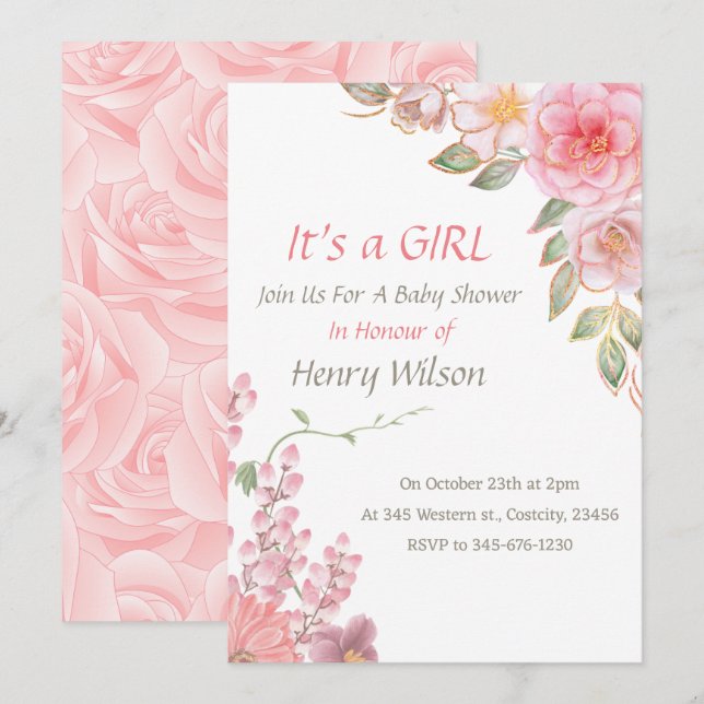 Blush Pink Floral Bloom Baby Shower Girl  Invitation (Front/Back)