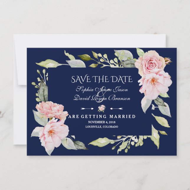 Blush Pink Floral Bloom Navy Blue Save The Date (Front)