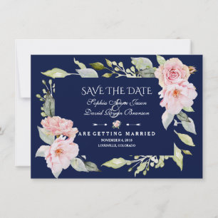Blush Pink Floral Bloom Navy Blue Save The Date