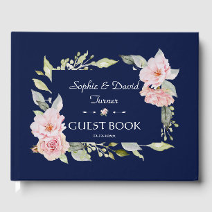 Blush Pink Floral Bloom Navy Blue Wedding Guest Book