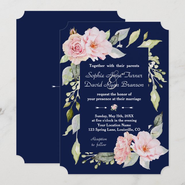 Blush Pink Floral Bloom Navy Blue Wedding Invitation (Front/Back)
