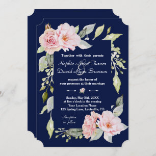 Blush Pink Floral Bloom Navy Blue Wedding Invitation